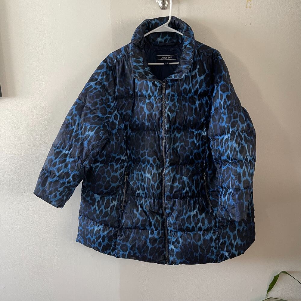 Lands End Womens 1X Puffer Jacket Blue Black Leopard Down Quilted Coat